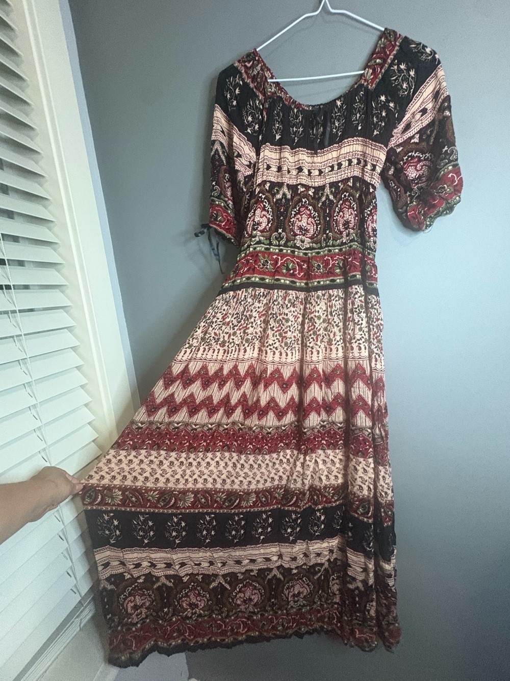 Boho Paisley Maxi Dress Burgundy Black Cream | Smocked Waist | Size XS/S - Picture 6 of 8